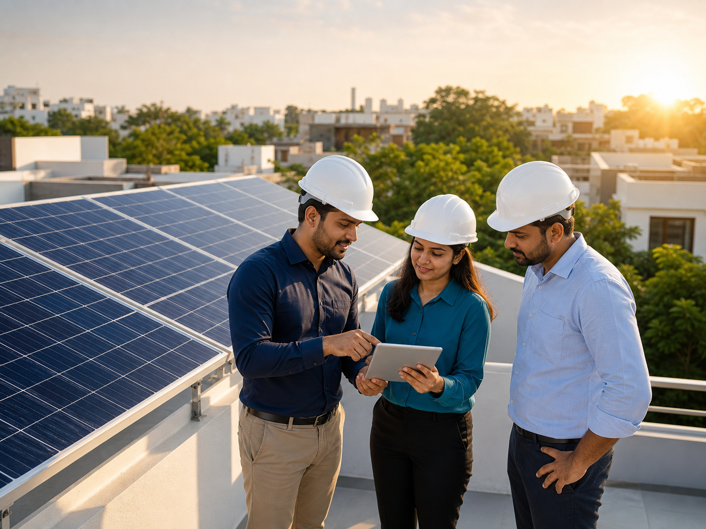 Arkiva solar team reviewing a residential rooftop installation