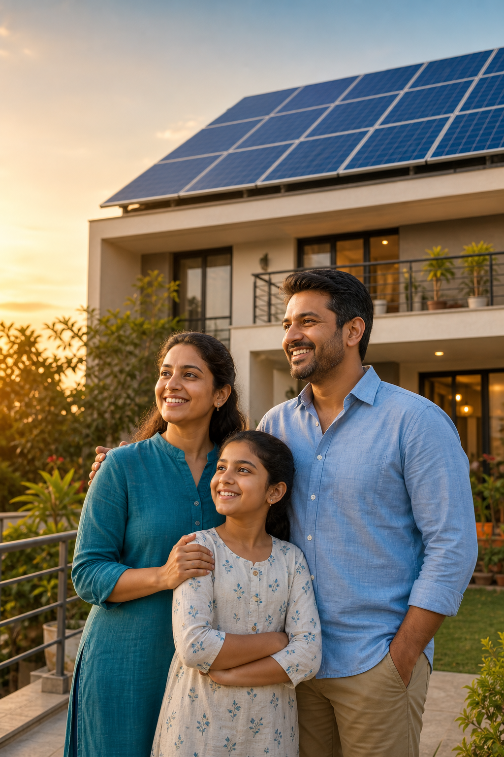 Happy Indian family outside a solar powered home