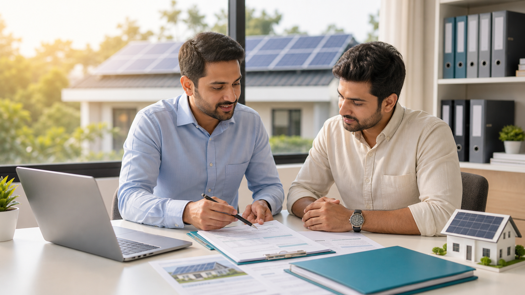 Solar consultant discussing paperwork with a homeowner