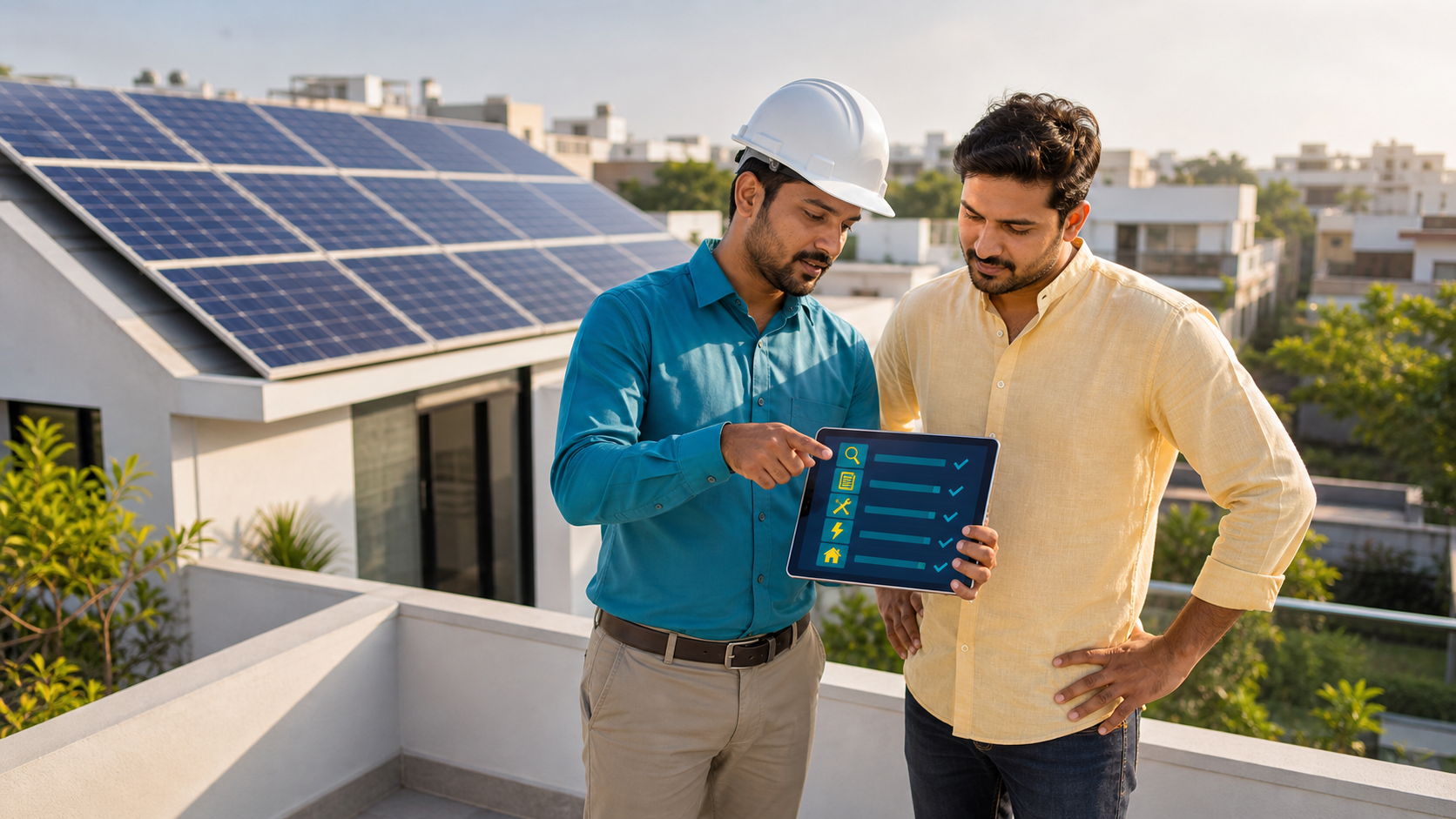 Solar expert reviewing an installation checklist with a homeowner