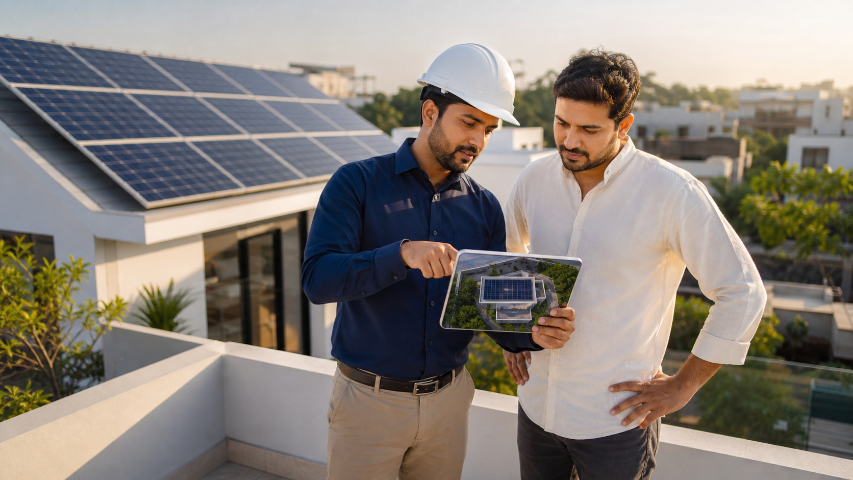 Solar consultant planning a rooftop system with a homeowner