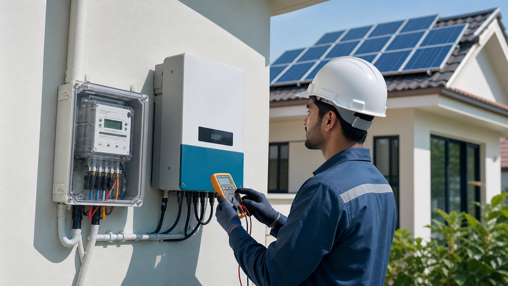 Technician checking solar inverter and net meter connection
