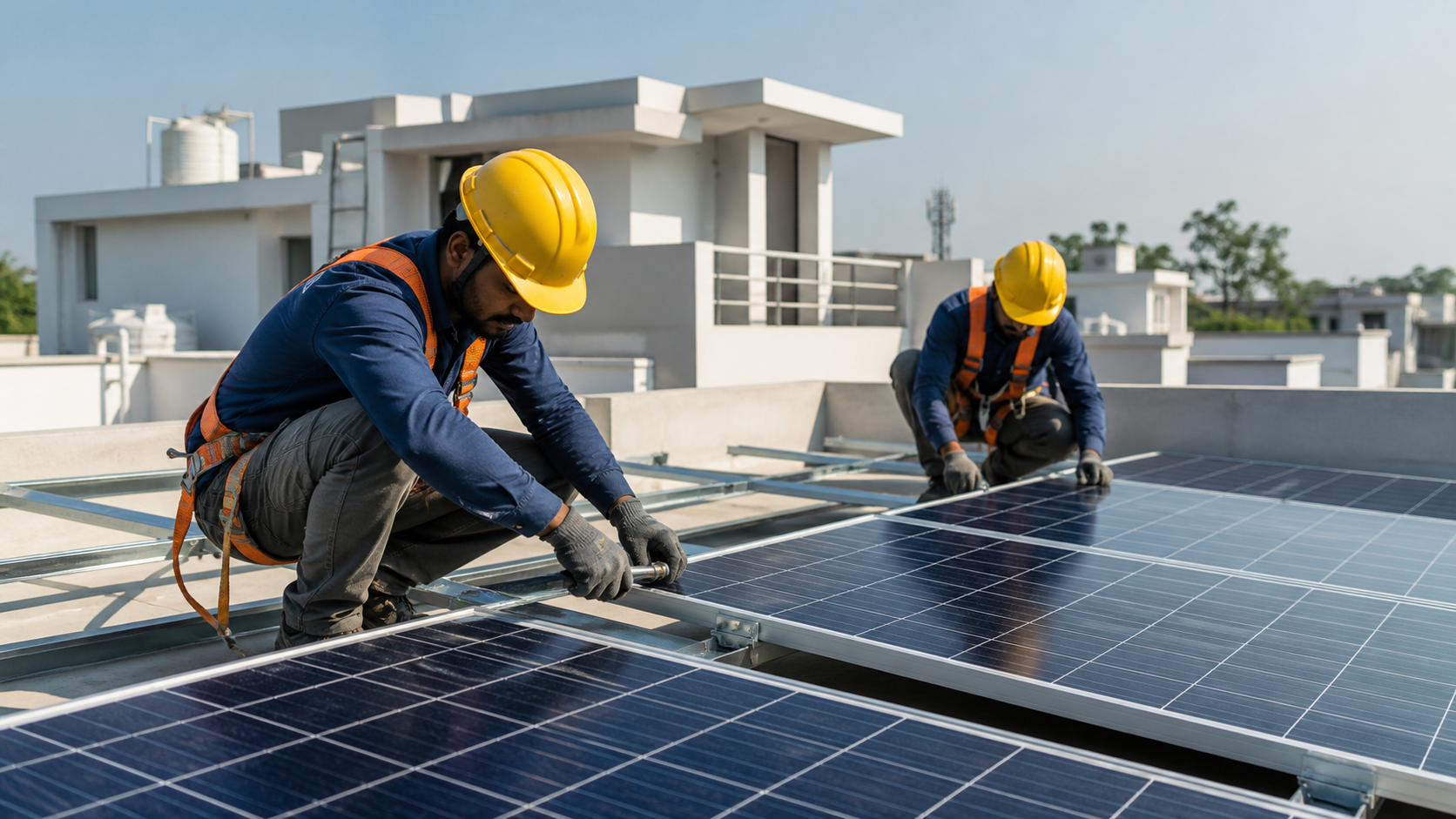 Technicians installing solar panels on a residential rooftop