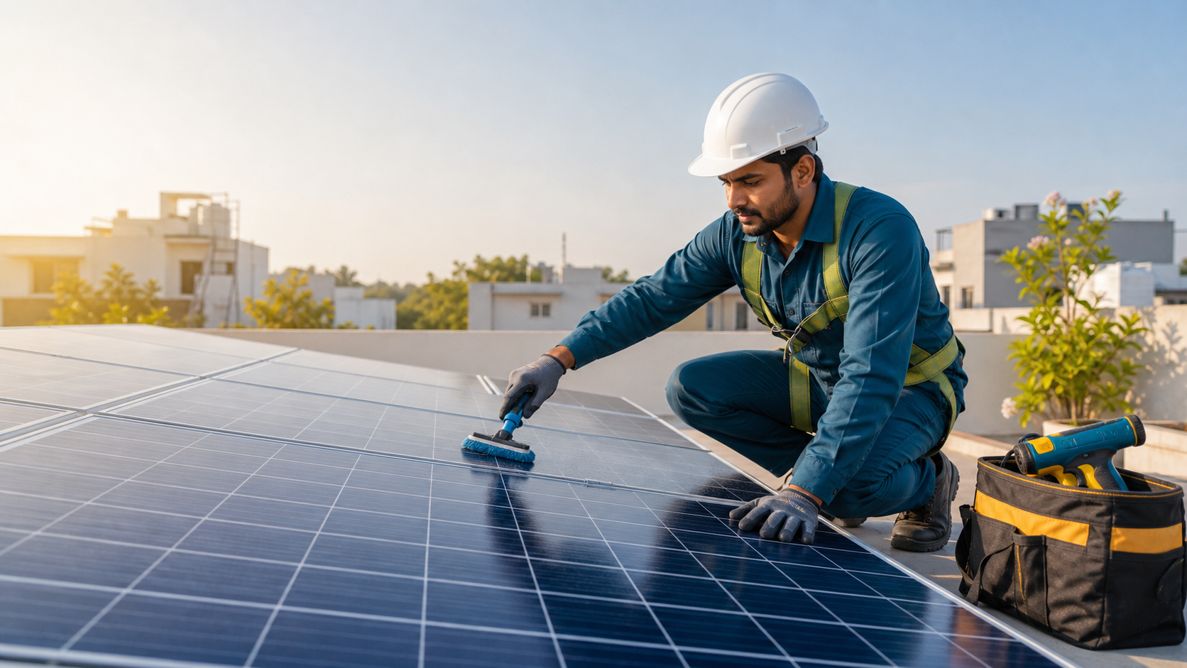 Technician cleaning and maintaining rooftop solar panels